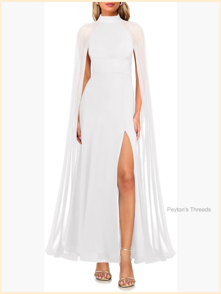 Elegant Long Sleeve Halter Neck Split Cape Maxi Formal Dress